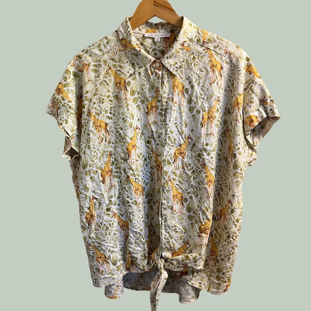 Jane + Delancey Giraffe Print Button Down Women XL White Tie Front Short Sleeve